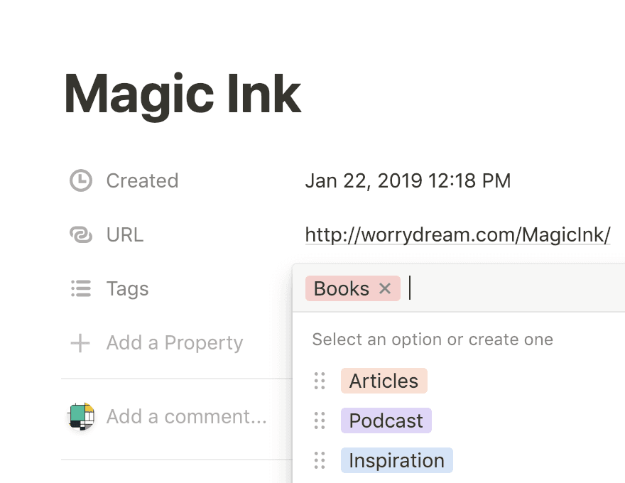 显示Notion数据库中标签的弹出菜单截图
