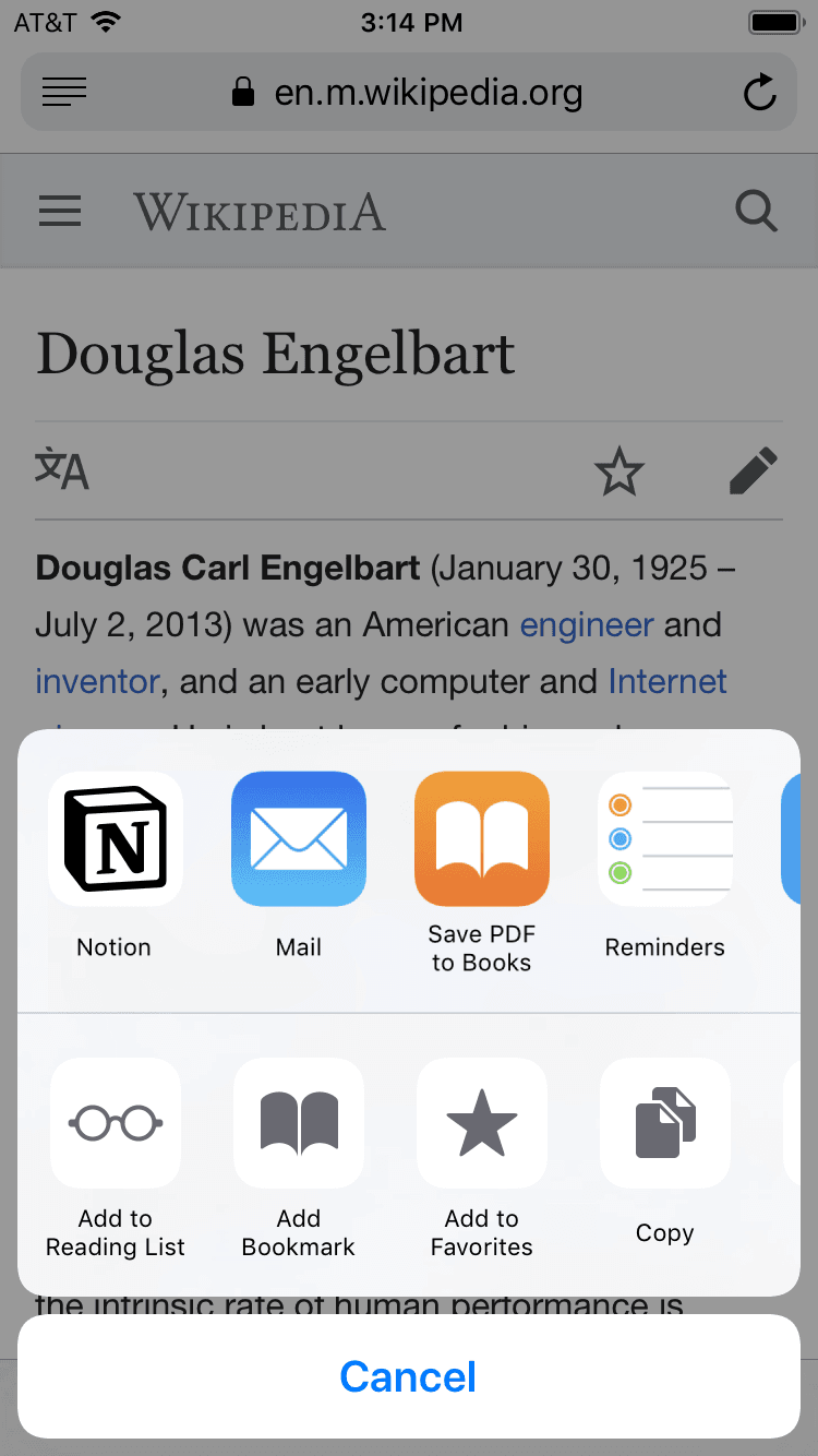 一个iOS共享表的截图，显示Notion和其他应用的链接。