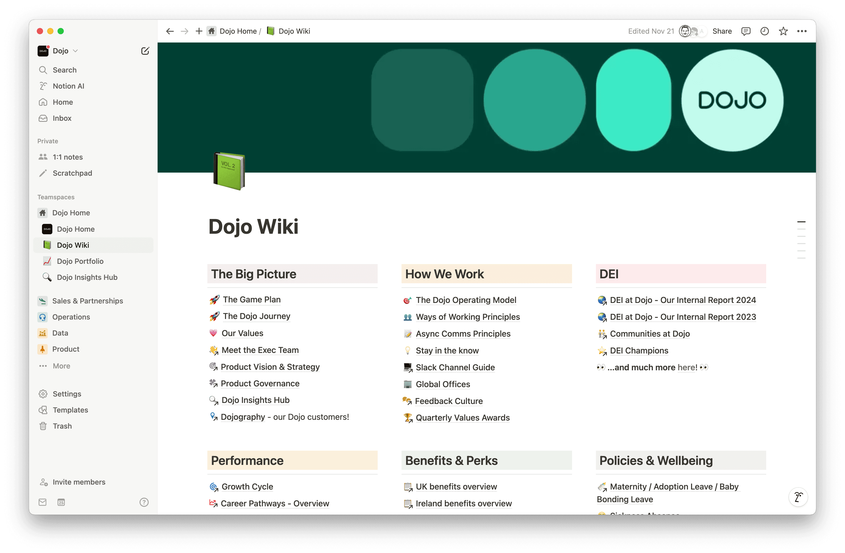 Dojo's wiki in Notion serves as their central knowledge hub where teams can easily find, update and share essential company information—replacing their static intranet with a dynamic, searchable workspace.