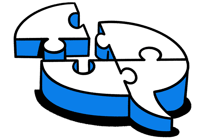 插图:由拼图碎片汇聚而成的想法气泡