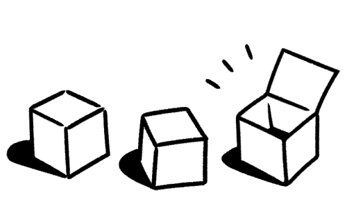 极简黑白线描:两个封闭的盒子和一个打开的盒子。